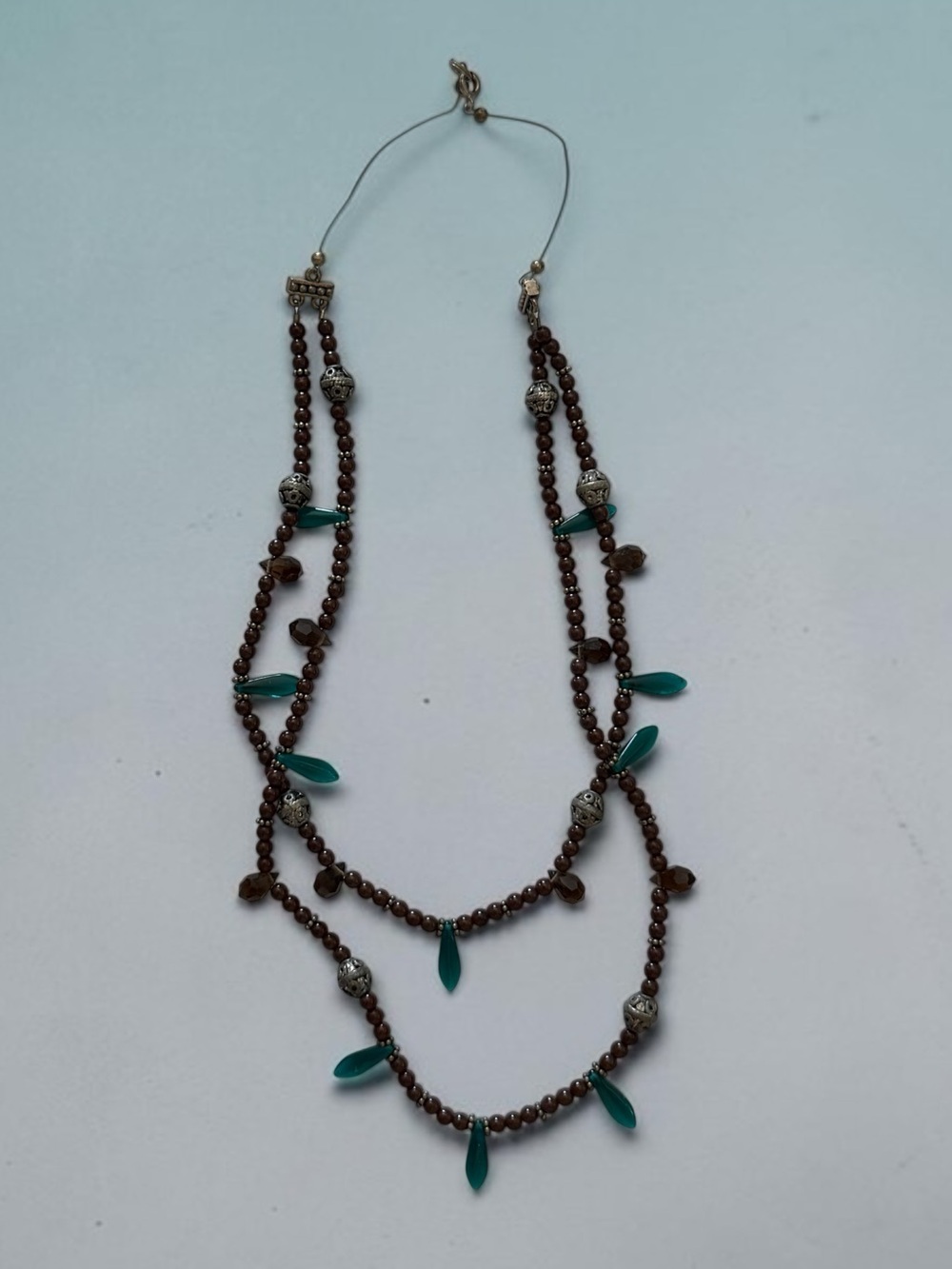 🫶🏻 Layered Brown Beaded Necklace with Teal Accents